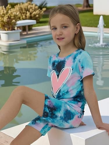 GOLLUNER Tween Girl Clothes Tie Dye Heart Print Short Sleeve Top and Shorts Girl Summer Outfits Short Set(8-9T) - Image 5