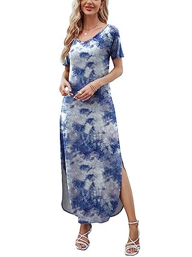HUSKARY Women's Summer Maxi Dress Casual Loose Pockets Long Dress Short Sleeve Split - Image 5