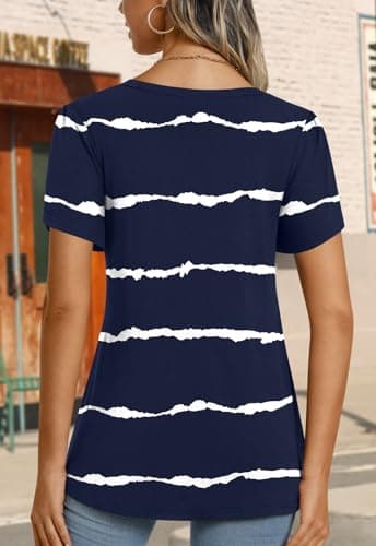 CATHY Womens Tops Summer Casual Short Sleeve V-Neck Blouses Tunic for Leggings 2025 Navy Blue Stripe Large - Image 5