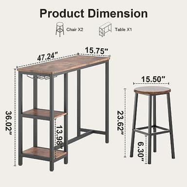 Qsun 3-Piece Bar Table Set for 2, Table with Stools & 2 Storage Shelves, Small Bar Table Set with Glass Rack, Small Kitchen Table for Dining Room, Living Room, Rustic Brown - Image 3