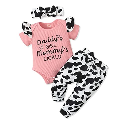 AMAWMW Newborn Baby Girl Clothes Outfit Short Sleeve Romper Cow Prints Pants Headband Gift Essential Stuff 12 18 Months - Image 1
