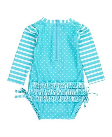 RuffleButts Baby Girls UPF 50+ Sun Protection Polka Dot Long Sleeve One Piece Rash Guard Swimsuit with Zipper - Bright Aqua Heart Polka, 0-3m - Image 2