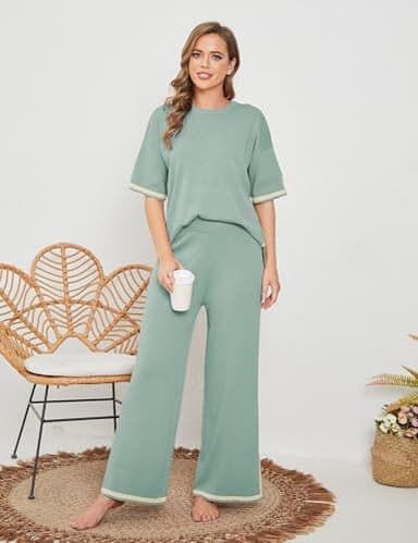 Tanming Sweater Sets Women 2 Piece Lounge Sets Short Sleeve Knit Pullover Tops Wide Leg Pants (GreyGreen-S) - Image 5
