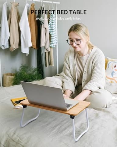 Ruxury Foldable Lap Desk Laptop Stand Bed Desk Table Tray, Breakfast Serving Tray, Portable & Lightweight Mini Table, Lap Tablet Desk for Sofa Couch Floor - Wood - Image 2