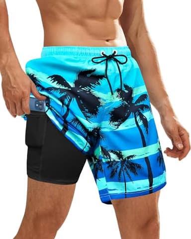 OlyPegic Men's Swim Trunks Board Shorts Mens Bathing Suit Beach Shorts Quick Dry Swimwear Swimsuit with Compression Liner Men 2 in 1 Swim Trunks Men 7 Inch with Zipper Pock (Coconut Tree) - Image 1