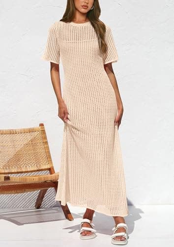 PRETTYGARDEN Womens Eyelet Cover Up Dress 2025 Summer Vacation Resort Maxi Dresses Beach Short Sleeve Hollow Out Sundress (Apricot,Small) - Image 5