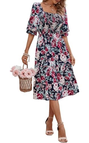 PRETTYGARDEN Women's Summer Casual Midi Dress 2025 Spring Puff Sleeve Square Neck A-line Flowy Boho Floral Smocked Dresses (Blue Red Flower,XL) - Image 3