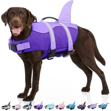 Bess Bridal Dog Life Jacket - Shark Life Vest for Swimming Boating - Reflective Lifejacket Swimsuit for Small Medium Large Dogs - High Buoyancy Lifesaver Preserver with Rescue Handle, Purple Shark L - Image 1