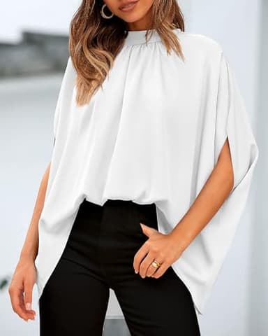 BTFBM Womens Summer Tops 2025 Fall Mock Neck Batwing Sleeve Shirts Loose High Low Hem Oversized Dressy Casual Blouses(White, Large) - Image 6