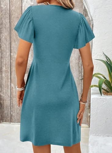 Acelitt Women Casual Fashion Trendy 2025 Summer Twist Front V Neck Short Sleeve Mini Dress High Waisted A Line Ruffle Dresses Sun Dresses Peacock Blue XXL - Image 2