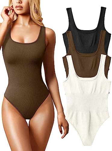 OQQ Women's 3 Piece Bodysuits Sexy Ribbed Sleeveless Square Neck Tank Tops Leotard 2025 Trendy Outfits Black Coffee Beige - Image 1
