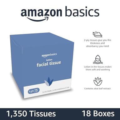 Amazon Basics Facial Tissue with Lotion, 2-Ply, 1350 Count (18 Packs of 75), (Packaging May Vary) - Image 3