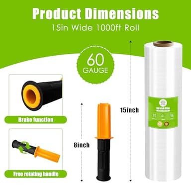 Cosy Family Plastic Wrap Stretch Film Roll - 1000ft 60 Gauge Industrial Strength 15 inch Wide Clear Plastic Wrap Roll with Handles for Pallet Wrapping Shipping Moving - Clear, Pack of 1 - Image 2
