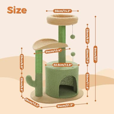 PAWZ Road Cactus Cat Tree Small Cat Tower 32” Cat Scratching Post with Curved Perch, Cozy Cat Condo, Removable Padded Top Bed for Kittens and Indoor Cats-Green - Image 6