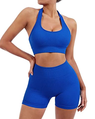 SUUKSESS Women Two Piece Seamless Ribbed Workout Sets Outfits Backless Halter Sports Bra Booty Biker Shorts (Royal Blue, M) - Image 2
