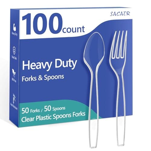 100 Count Plastic Silverware Heavy Duty -50 Forks, 50 Spoons, BPA-Free, Heat Resistant, Disposable Plastic Utensils Set, Plastic Cutlery Set, Plasticware Suitable for Party Everyday Use - Image 1