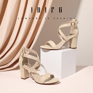 IDIFU Women's IN3 Grace Strappy Block Heels Sandals Comfy Open Toe Chunky Dress Wedding Shoes with Adjustable Cross Strap (8, Nude Suede) - Image 2