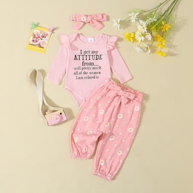 Kaipiclos Newborn Baby Girl Fall Outfits Letter Rib Knit Romper Daisy Belted Pants Headband Infant Clothes 0 3 6 12 18 Months (Pink, 12-18 Months) - Image 2