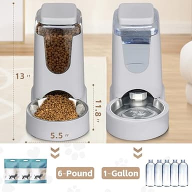 HWONMTE Portable Automatic Cat Feeder and Water Dispenser with Stainless Steel Bowl Dog Gravity Food Feeder and Waterer for Small Medium Pets Puppy Kitten 1 Gallon x 2 (Silver Gray) - Image 2