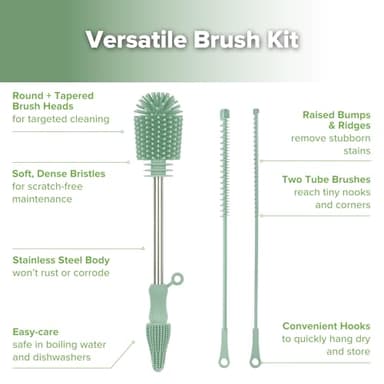 haakaa Silicone Cleaning Brush Kit - Baby Bottle Brush Cleaner for Breast Pump,Nipple,Breast Milk Storage Bag,Reusable Straw,Sippy Cup - Food Grade Silicone Bristles, Portable - 3 Pcs - Pea Green - Image 4