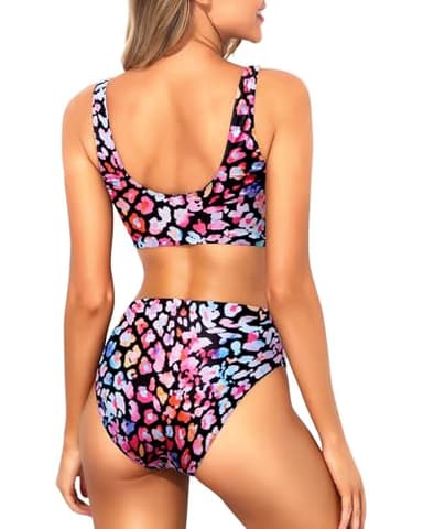 Tempt Me Women Colorful Leopard Two Piece Scoop Neck Bikini Crop Top Swimsuit Sporty High Waisted Bathing Suit L - Image 2