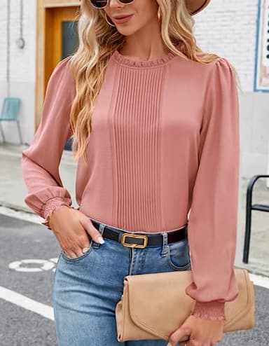 Aifer Shirts for Women Dressy Casual Puff Long Sleeve Blouse Valentines Mothers Day Tops Holiday Work Office Fall Spring Blouses Pink - Image 4