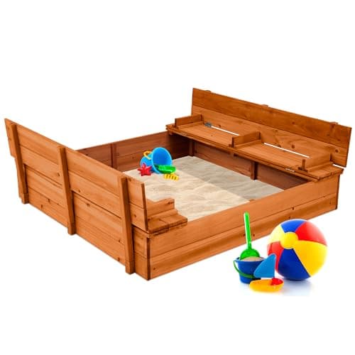 Best Choice Products Kids' Outdoor Wooden Sandbox Large, Cedar Wood with Foldable Bench Seats and Sand Protection, Bottom Liner Included - Brown - Image 1
