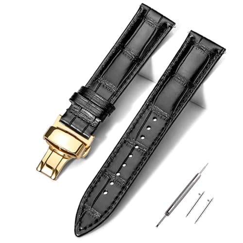 EACHE 20mm Watch Band Quick Release Leather Watch Bands for Men Black Alligator Grain Pattern Leather Watch Straps with Gold Butterfly Deployment Clasp - Image 1