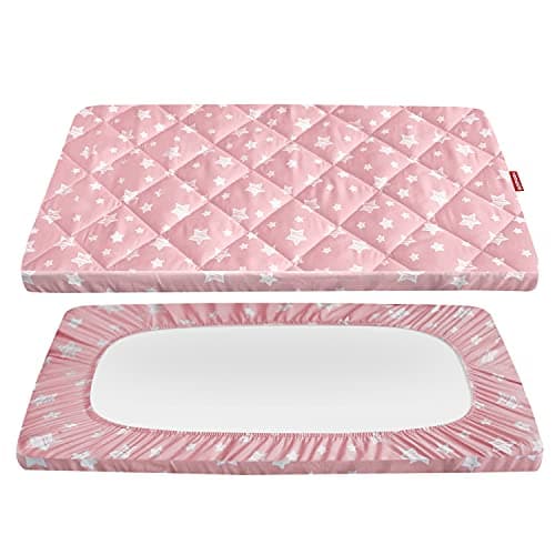 Pack and Play Sheets Fitted, Breathable Thick Playard Lovely Print Cover 39"×27"×5" Compatible with Graco Pack n Play, Pink Star - Image 1