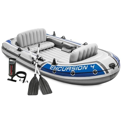 INTEX 68324EP Excursion 4 Inflatable Boat Set: Includes Deluxe 54in Boat Oars and High-Output Pump – Adjustable Seats with Backrest – Fishing Rod Holders – 4-Person – 1100lb Weight Capacity - Image 1