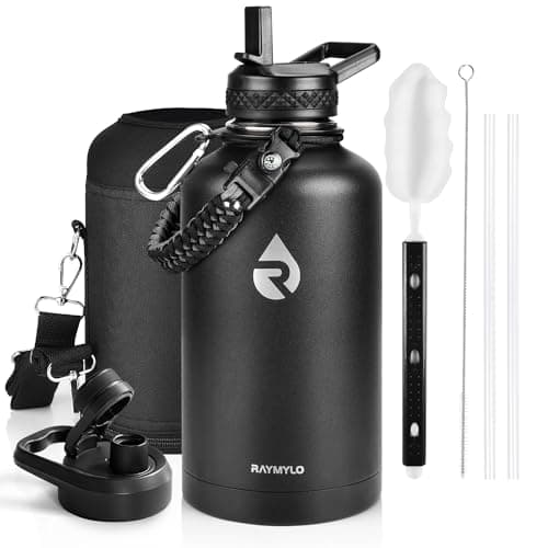 RAYMYLO Insulated Water Bottle 64 oz, Triple Wall Vacuum Stainless Steel (Cold for 48 Hrs), Leak Proof & Non-BPA, Half Gallon Water Flask Jug with Paracord Handle & Straw Spout Lids, Magic Black - Image 1