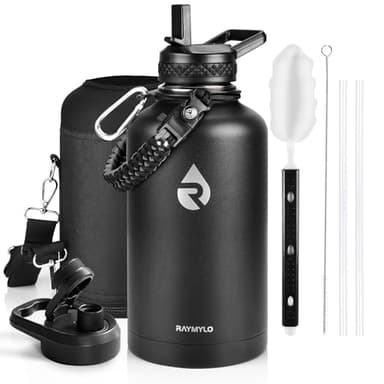 RAYMYLO Insulated Water Bottle 64 oz, Triple Wall Vacuum Stainless Steel (Cold for 48 Hrs), Leak Proof & Non-BPA, Half Gallon Water Flask Jug with Paracord Handle & Straw Spout Lids, Magic Black - Image 1