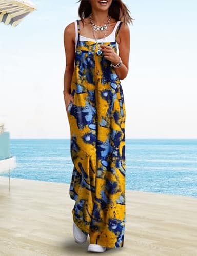 YESNO Women's Summer Casual Jumpsuits Wide Leg Overalls Floral Print Baggy Rompers with Pocket M PZZCR 141 - Image 2
