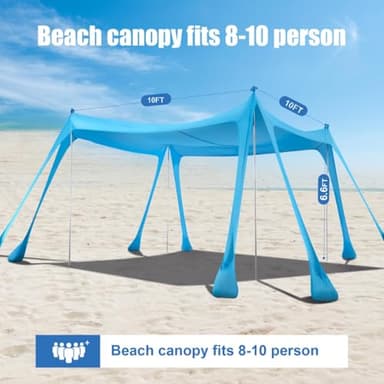 Beach Tent Sun Shelter, Beach Shade Canopy UPF50+, 10x10ft Canopy Tent with 8 Sandbags, Sand Shovels, Ground Pegs & Stability Poles, Pop Up Shade Tents for Beach, Camping, Fishing - Image 3
