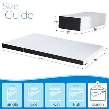 Roxzo 4-inch Queen Size Tri-Fold Memory Foam Mattress, Foldable for Indoor, RV/Camper Van, Travel, Camping, and Guest Rooms, with Breathable Cover & Non-Slip Bottom, 78x58x4 inches - Image 2