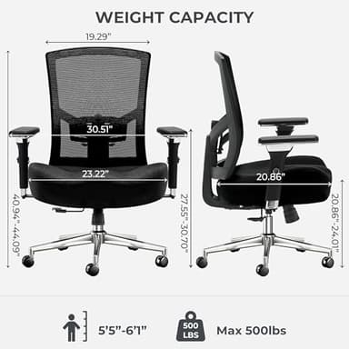 Big and Tall Office Chair 500lbs, Ergonomic Oversize Mesh Desk Chair, Heavy Duty High Back Computer Chair with Wide Thick Seat Cushion, Adjustable Lumbar Support, 4D Armrests - Image 3