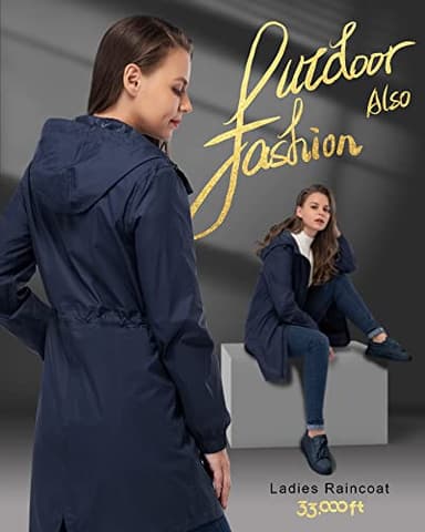 33,000ft Women's Waterproof Long Rain Coats Packable Rain Jacket with Hood Trench Coats Windbreaker - Image 4