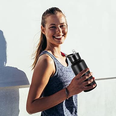 VQRRCKI 32 oz Insulated Water Bottle with Straw Lid & Wide Mouth Lids, Stainless Steel Sports Water Bottles, Double Walled Vacuum, Leak Proof, Black - Image 2