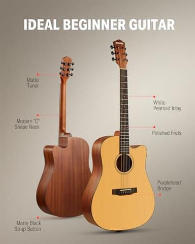 Donner 41” Acoustic Guitar Bundle for Beginners Adults with Online Lesson, 4/4 Full Size Steel Acustica Guitarra with Gig Bag, Tuner, Strap, Strings, Picks, Capos, Cutaway, Natural, DAG-1C/DAD-110C - Image 3