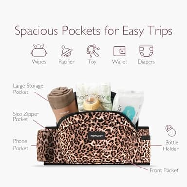 Momcozy Hip Seat Baby Carrier - Adjustable Waistband with Original 3D Belly Protector, Ergonomic Carrier with Various Pockets for Newborns & Toddlers up to 45lbs (Leopard, Medium) - Image 3