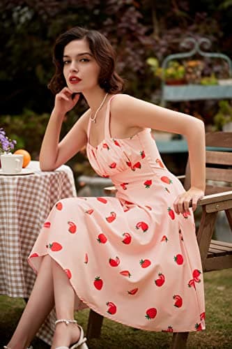 1950s Dresses for Women Vintage Retro Dress for Women Light Pink A-Line Flowy Swing Beach Dress Strawberry Dress Medium - Image 5