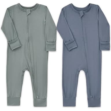 Aablexema Baby Footless Pajamas Zipper with Mitten, Rayon from Bamboo, Infant Long Sleeve Romper Pjs(Olive & Moonlight Blue,18-24m) - Image 1
