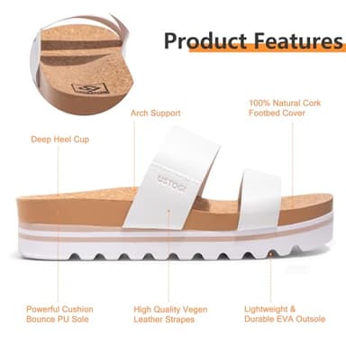 Ustogi Flatform Platform Sandals Women Arch Support Beach Slides Orthotic Summer Causal Cork Footbed Lightweight Thick Sole Comfortable Fashion Slip on Cushion Cute 2 Strap 01(9, White) - Image 2