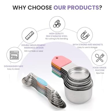 Magnetic Measuring Cups and Spoons Set-Heavy Duty 304 Stainless Steel，Double Measurement Markings，Set of 16 with Leveler for Measure Dry and Liquid Ingredients - Image 2