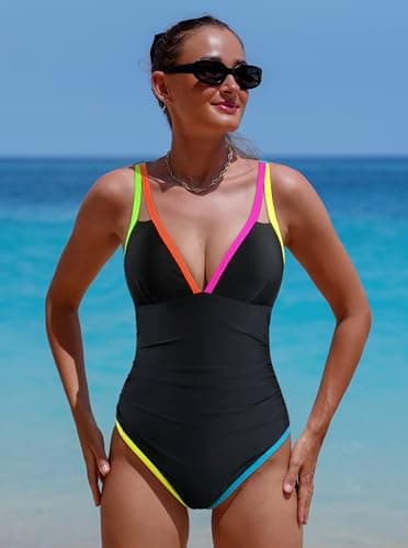 popvil Women's Tummy Control Swimsuits One Piece Neon Color Block Swimwear Deep V Neck Slimming Bathing Suit - Image 4