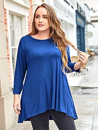 LARACE Womens Plus Size 3/4 Sleeve Loose Fit Flare Swing Tunic Tops Floral High Low Basic T Shirt, Royal Blue 3X - Image 4
