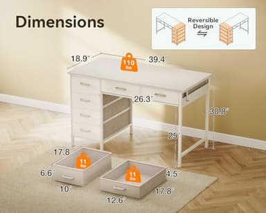 ODK Computer Desk with 6 Drawers, 40 Inch Small Desk with Storage, Reversible Desk with Headphone Hook for Home Office, Work Study Table for Bedroom, White - Image 3