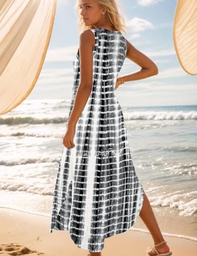 Zilcremo Women's Summer Casual Loose Sundress Long Dress Sleeveless V Neck Split Tshirt Maxi Dresses Blacktiedye XL - Image 4