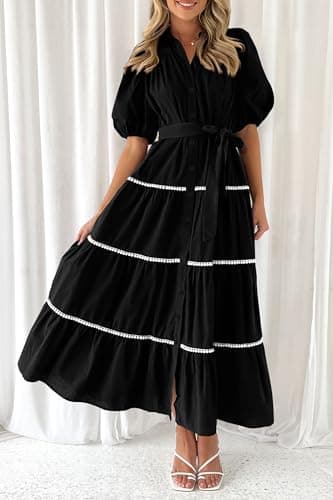PRETTYGARDEN Women's Summer Button Down Shirt Dress Short Puffy Sleeve Tiered Ruffle Flowy Long Maxi Dresses (Black,Large) - Image 5