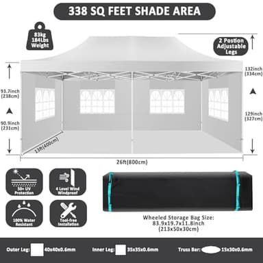 COBIZI 13x26 Pop Up Canopy with 6 Sidewall,Heavy Duty Canopy UPF 50+ All Season Wind Waterproof Commercial Outdoor Wedding Party Tents for Parties Canopy Gazebo with Roller Bag(13 x 26 ft White) - Image 4